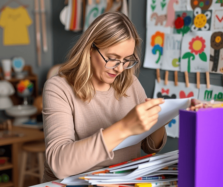 a mom sorting and preserving her children's art